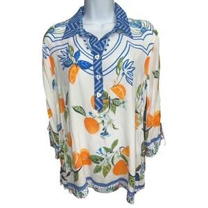 John Mark PL Top Blue Collar 1/2 Button Up Orange Fruit 3/4 Sleeves Petite Large